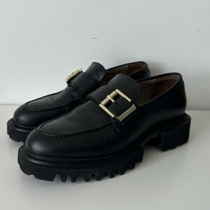 All Saints Black Leather Loafers with Gold Buckle